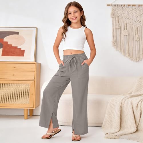 Image of Girls Linen Pants Wide Leg School Uniform Pants Cozy Elastic Waist Summer Casual Beach Lounge Trousers with Pockets