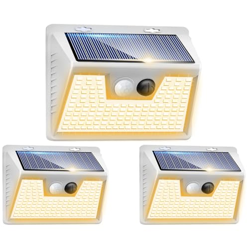 Image of Peasur Solar Lights Outdoor Motion Sensor Waterproof, 3Pack 140LED White Solar Powered Fence Lights, 3 Modes Security Wall Lights for Garden Yard Outside Warm