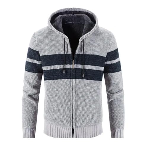 Men’S Fleece Lined Knitted Hooded Sweatercoat Patchwork Turn-Down Collar Long Sleeve Full Zip Casual Cardigan4