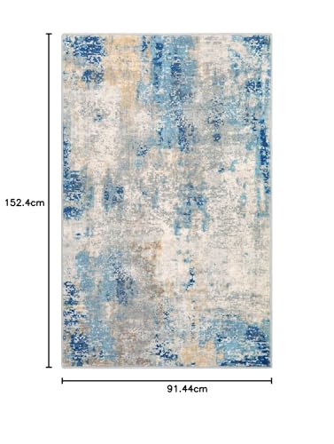 Lahome Modern Abstract Rug - 7.6 x 12.7 ft, Washable Bedroom Rug, Soft Throw, Modern Faux Wool, Non-Slip, Stain Resistant Rug for Living Room, Office, Blue/Yellow/Ivory