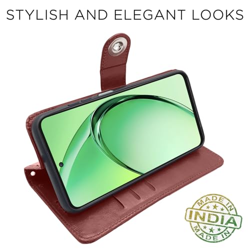 Image of Pikkme Flip Cover Leather Finish | Inside TPU with Card Pockets | Wallet Stand and Shock Proof | Complete Protection Button Flip Case for Oppo K12x 5G (Brown)