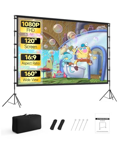 Image of Antmap 120 Inch Projection Screen with Stand, 16:9 Foldable Anti-Crease with Carrying Bag, Movie Portable Projector Screen for Outdoor Indoor Home Theater, Office, Classroom, Party, Games