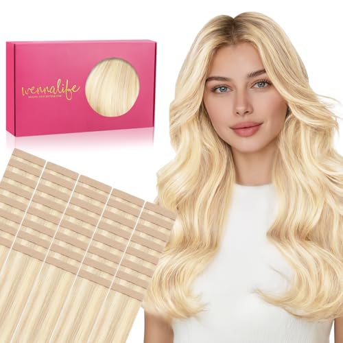 Image of WENNALIFE Tape in Hair Extensions Human Hair, 40pcs 100g 22 inch Balayage Light Wheat Platinum Blonde Hair Extensions Real Human Hair Straight Tape in Extensions Invisible Human Hair Extensions Reusab
