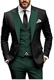 HUUTOE 3 Piece Suit Men, Trajes para Hombre Elegantes, Green and Black Mens Suit Slim Fit Wedding Prom Suits Men Men's Tuxedos Pants Vest Set 46
