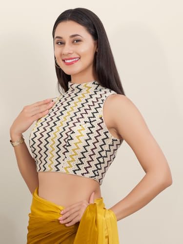 Image of Vamas Women's Net Saree Blouse | Padded Sleeveless Back Open Designer Blouse | ReadymadeEthnic Blouse with Tie-Up Back for Women