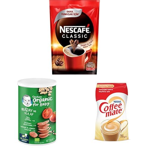 Nescafé Classic Çözünebilir Kahve Ekopaket 200 g x 2, Gerber Organik Buğday ve Yulaflı Domates Havuç ve Soğanlı Bebek Atıştırmalığı 35 g x 1, Nestlé Coffee Mate Kahve Beyazlatıcısı 200 g Ekopaket x 1