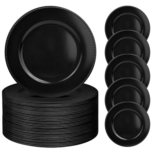 50 Pcs Black Charger Plates Bulk 13 Inch Plastic Plate Chargers for Round Dinner Plate with Beaded Rim Reusable Charger Plates Dinner for Christmas Wedding Party Tabletop Decor
