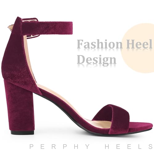 Perphy Velvet Ankle Strap Chunky Heel Sandals for Women Open Toe Dress Shoes4