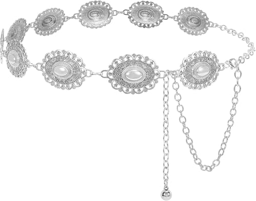 Metal Chain Belt 5Pcs Women's Metal Concho Belt - Western Cowgirl Country for Waist(D-Silver Chain)