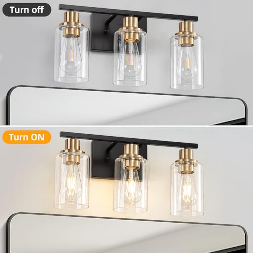 Image of Bathroom Light Fixture Black Gold Vanity Lights Over Mirror, 3 Light Wall Sconces Lighting with Clear Glass Shades, Modern Wall Lights Wall Lamp for Mirror, Hallway Kitchen Bedroom Cabinet