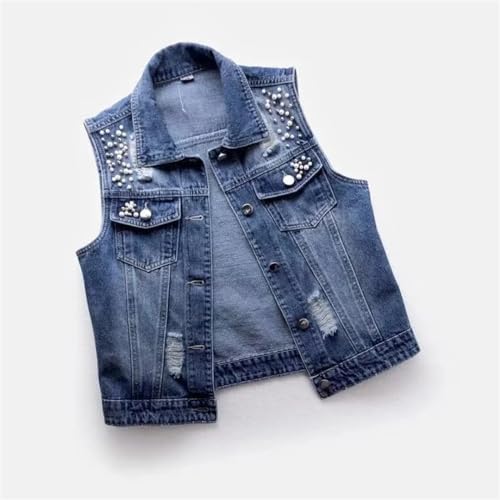 Women's Pearl Denim Vest Summer Jeans Jacket Sleeveless Tops Loose Short Coat Waist Coats Outerwear4
