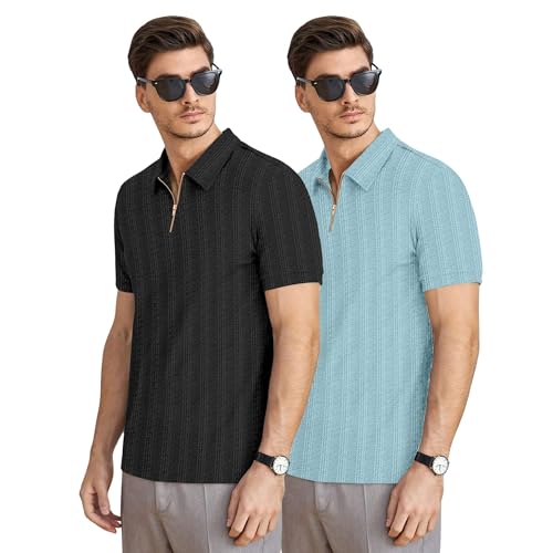 Image of COMBRAIDED Men's Polo Neck Textured Polycotton Short Sleeve T-Shirt - Casual Regular Fit for Daily Comfort & Style