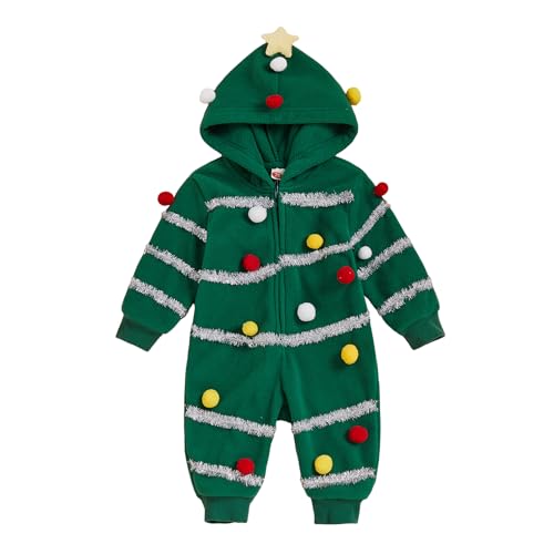 Qianderer Baby Boys Girls Christmas Tree Jumpsuit Colorful Plush Ball Long Sleeve Zip-up Hooded Romper Christmas Outfits Cute Winter Fall Clothes (Ba Green 12-18 Months)