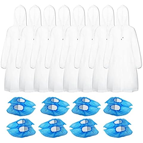 8 Pcs Disposable Rain Ponchos, RaincoatsTransparent Waterproof Rain Ponchos with Drawstring Hood and 8 Pairs Shoe Covers for Men Women Travel Camping Everyday Commute Cover