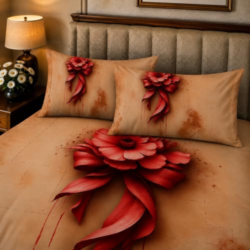 Image of 7D Digital Printed King Size Bedsheet | 240TC Premium Cotton Feel Microfiber with 2 Pillow Covers | Soft Breathable & Wrinkle Free Bedding Set | (RedBow, King Size-225x250CM)
