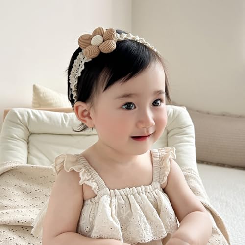 Baby Girls Hairbands Lace Flowers Headband Handmade Soft Stretchy Colorful Flower Hairband Newborn Headbands with Pearls Elastic Hairbands for Infant Head Band (Brown Flowers)3
