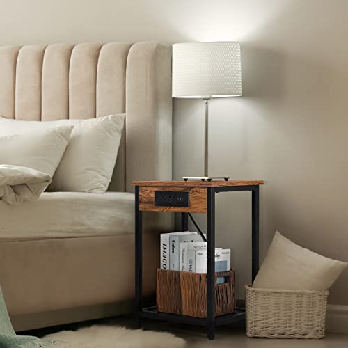 Nightstands Set Of 2, End Table With Charging Station & Usb Ports, 2 Tier Narrow Side Tables Bedroom With Storage Shelf, Bedside Tables For Bedroom, Living Room, Sofa Couch(Brown) #TOP4