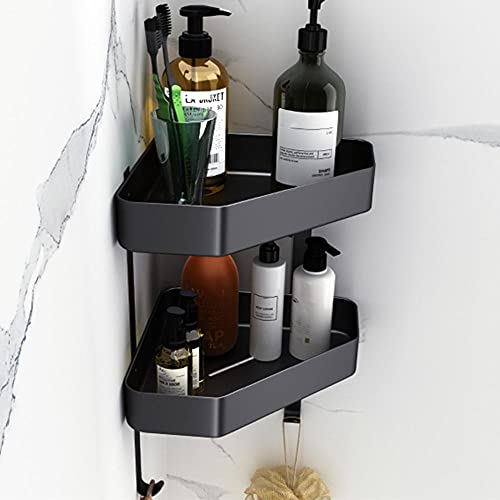 Estantes de Ducha Estante de Ducha de Esquina Estante de Ducha de Montaje en Pared con Gancho Sin Espacio de perforación Adhesivo de Aluminio para Inodoro de Cocina-Negro a
