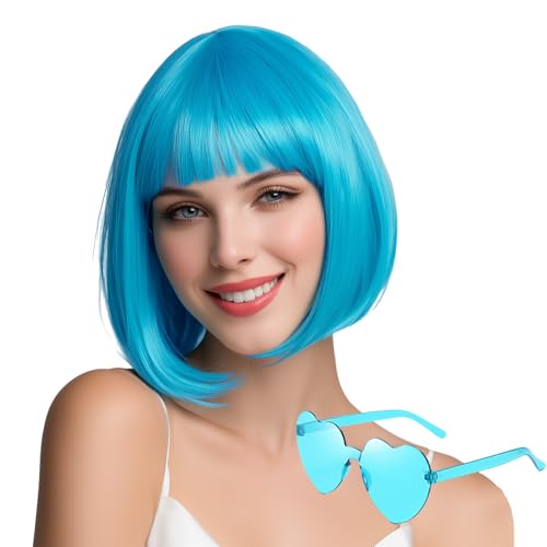 VCAY Bob Wig 12 Inch Short Teal Blue Bob Wig with Bangs Straight Cosplay Wig Heat Resistant Adjustable Straps Wigs for Women Girl with Wig Cap