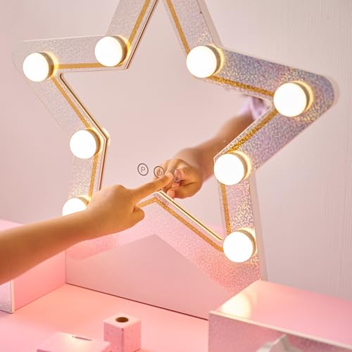 Image of Teamson Kids Star Vanity Set with LED Lights for Girls, Pink 2-Piece Kids Makeup Table with Mirror, 3 Storage Drawers & Matching Stool for Bedroom or Playroom, Ages 3+ Safe | LED Lights, Makeup Table with Mirror, 3 Storage Drawers, Matching Stool, Bedroom or Playroom