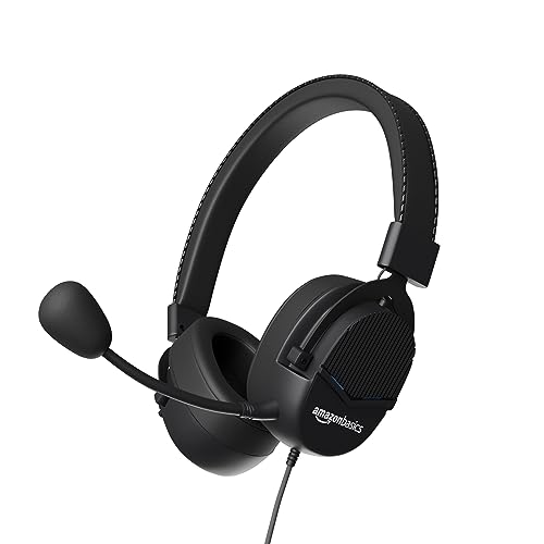 Amazon Basics USB Gaming Wired On-Ear Headphones with Detachable Mic, with Blue LED, Windows Software, Simulated 7.1 Surround Sound, 2.4 Meter Braided Cable Flexible Padded Ear Cushions(Black – Gray)