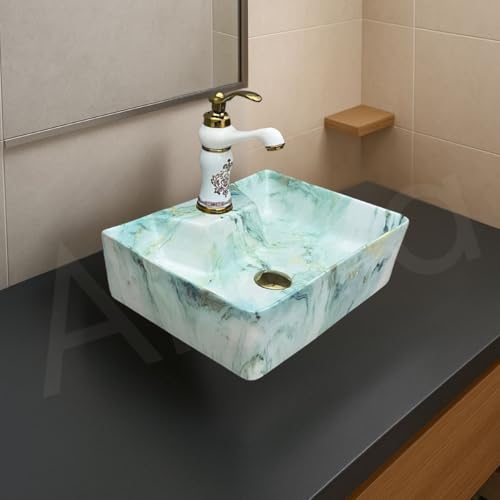 Image of Artiva Designer Ceramic Table Top Wash Basin For Bathroom /Green Wall Mounted Bathroom Sink /Wall Hung Washbasin /Wash Basin For Cabinet, Countertop, Vanity (Osian Green 16 x 12 x 5 Inch)