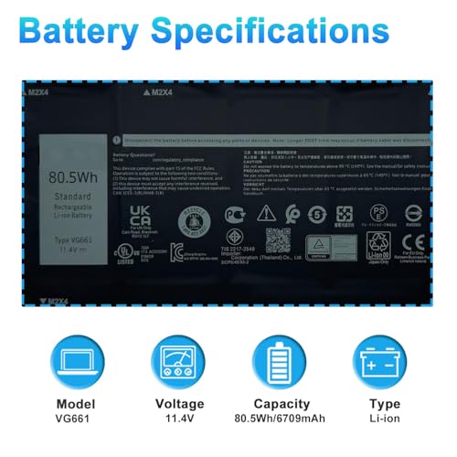 Image of VG661 Laptop Battery for Dell Alienware X14 R1 R2 Series(P150G) | V4N84 0V4N84 GD3C9 0GD3C9 31CP5 /46 /95‑2; 11.4V 80.5Wh 6709mAh