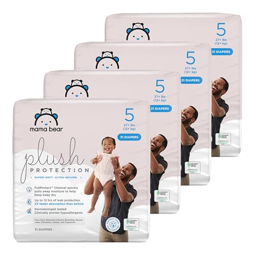 Image of Amazon Brand - Mama Bear Plush Protection Diapers, Hypoallergenic, Size 5, 124 Count (4 Packs of 31), White and Cloud Dreams