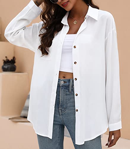 Kylelove Women Oversized Button Down Shirts Dressy Casual Long Sleeve Work Blouses Loose Fit Summer Tops White #TOP4