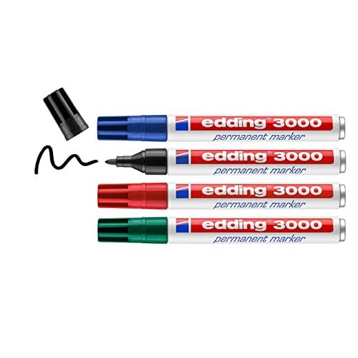 edding 3000 marcador permanente - negro, rojo, azul, verde - 4 rotuladores - punta redonda - indeleble de secado rápido - resistente al agua y a los borrones - cartón plástico madera metal - universal