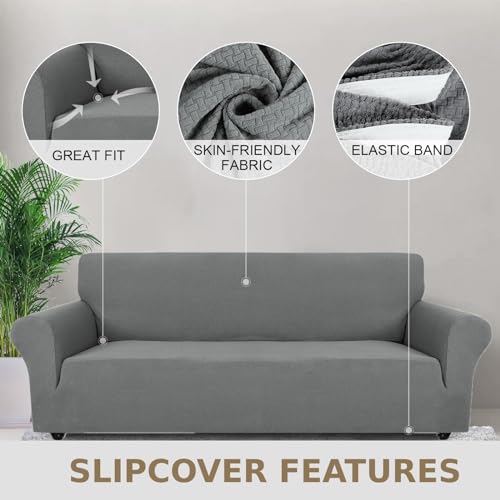 JIVINER Stretch Pet Couch Cover 3 Seater Sofa Covers 1 Piece Jacquard Couch Slipcovers 3 Seats Washable Thick Furniture Protector with Elastic Bands (Sofa, Light Gray) - Image 3
