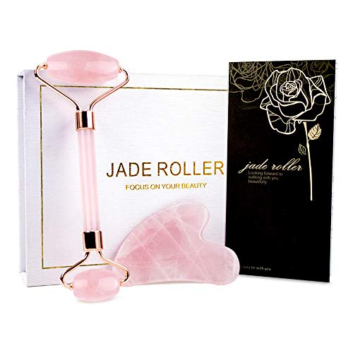 BAIMEI Jade Roller, Rose Quartz Face Roller & Gua Sha Set, Facial Roller