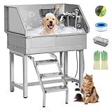 Hundewaschstation Edelstahl Hundebadewanne mit Ausziehbarer Treppe, Tierpflegewanne Hundedusche Professional für Mittlere Kleine Hunde, Inklusive Mischbatterie Duschkopf Seifenkiste und Bodenschonern