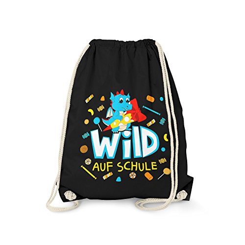 Sacca - Wild auf School - Drago Zaino per bambini con divertente motivo animale idea regalo per linizio della scuola per di prima classe taglia unica da palestra nero