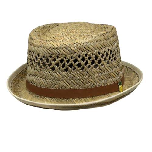 Rush Straw Pork Pie Hat for Men & Women(Hand Made) Boater Derby Fedora Sun Hat with Upturn Brim Brown Leather Band & Pineapple Accent One Size Fits Most.