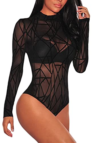 Aranmei Femmes Bodysuit Jumpsuit Combinaisons Sexy Manches Longue Transparent Bodycon Nuisette Bodys Party Justaucorps Corset Clubwear (Rayé Noir, Medium) Cover