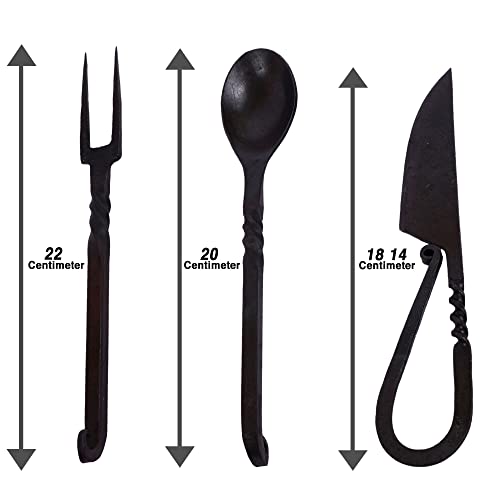 Viking Traders Hand-Forged Blacksmith Medieval Dining Hall Eating/Feasting Utensils Set Of 3 Piece Functional Fork Knife And Spoon Medieval Eating Set, With Genuine Leather Pouch For Easy Carrying. #TOP2