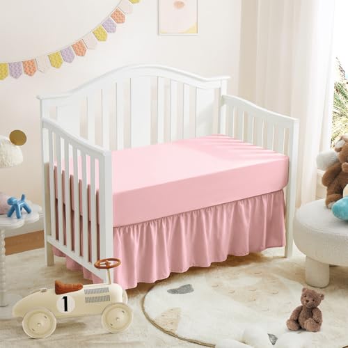 Image of Horbaunal 2 Pack Set Crib Skirt & Crib Bed Sheet, Pink Crib Bed Skirt 28 inch x 52 inch with 14 inch Drop Dust Ruffle, Soft Microfiber Toddler Bedskirt Nursery Bedding Skirt for Baby Girls and Boys
