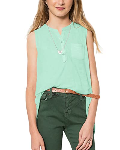 Batermoon Girls Tank Top Summer Cute Sleeveless T Shirt For Teen Henley Ribbed Button Casual Tee Blouse For 9-10 Years Mint Green #TOP1
