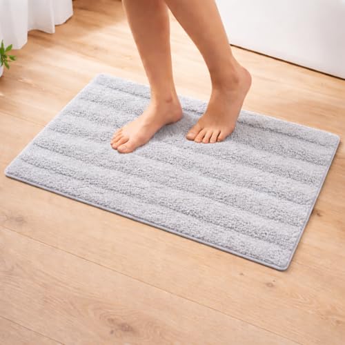 Image of Premium Combed Cotton Tufted Bathmat 50 x 80 cm, 1800 GSM Soft Absorbent Anti Skid Bathroom Floor Mat with Latex Backing, Quick Dry Non Slip Bath Rug for Shower & Daily Use, Stripes Silver