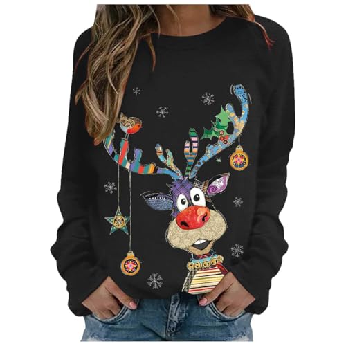 Weihnachtspullover Damen Lustige Weihnachten Ugly Christmas Sweatshirt Baumwolle Pulli Rundhals Hirschkopf Muster Herbst Winter Sweater...