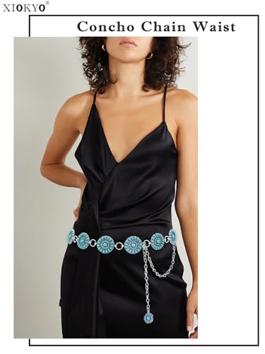 Boho Turquoise Concho Belt Silver Metal Western Turquoise Belts Waist Chain Belt for Women Dress4