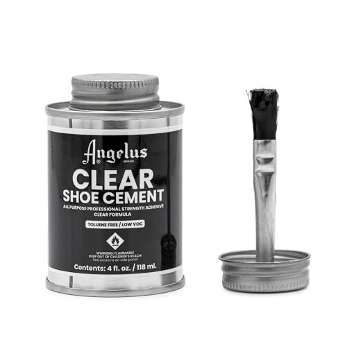 Angelus Clear Shoe Cement - 4 oz Professional-Strength Glue Quick Drying Contact Adhesive for Leather, Vinyl & Fabric - Dries Clear, No Stains, Waterproof Shoe & Sneaker Rubber Cement Glue with Brush