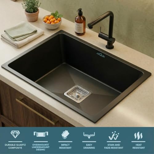 Image of ARQUIN Quartz Kitchen Sink 24x18x9 Inch Black | Single Bowl Quartz Sink For Kitchen | Durable & Scratch-Resistant | Undermount /Topmount Including Coupling, Waste Pipe & Fruit Washing Basket