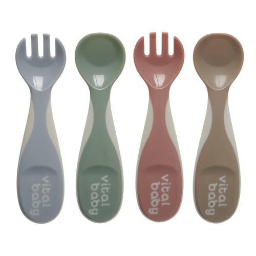 Vital Baby Nourish Chunky Baby Spoon & Fork Set Wide & Shallow Tips Easy Grip for Self-Feeding EarthSmart Biodegradable BPA-Free 4 Pack