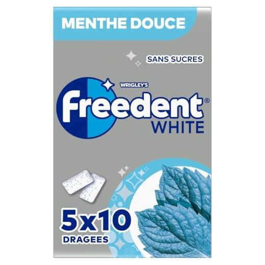 FREEDENT WHITE - Chewing-Gum Menthe Douce - Sans Sucres - 5 x 10 dragées - 70g