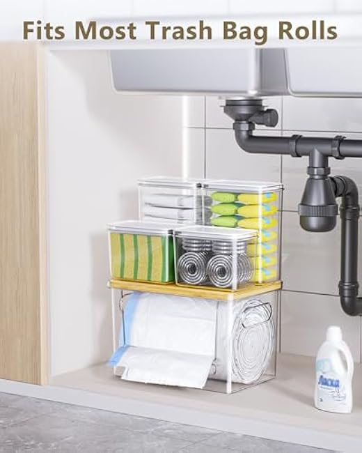 Trash Bag Holder Laundry Pods Container, 5 in 1 Trash Bag Dispenser Under Sink Acrylic Garbage Bags and Dishwasher Pod Organizer Detergent Powder Container, Laundry Room Organization Storage