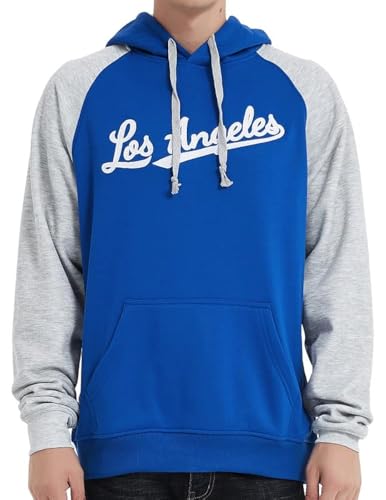 DELUSPTOMAY Mens Los Angeles Baseball Team Big Embroidery Hooded Sweatshirt Pullover Casual Hoodie Blue XXL