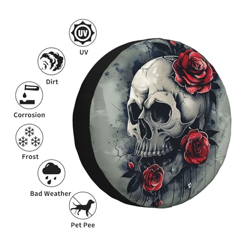 Image of Skulls and Roses Spare Tire Cover Weatherproof Universal Wheel Protectors Halloween Wheel Covers for Rv Camper Travel Trailer SUV Truck 14 Inch