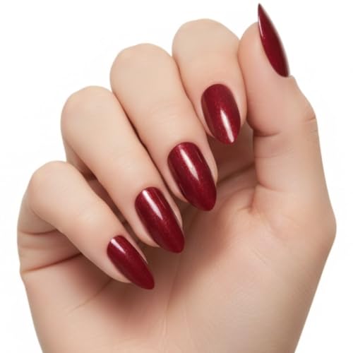 Dark Red Burgundy Shimmer Press On Nails - Long Almond Stiletto Fake Nails with Nail Glue, Reusable Nail Tips - Glue On Nails 24 Nail Kit, Posh Majesty
